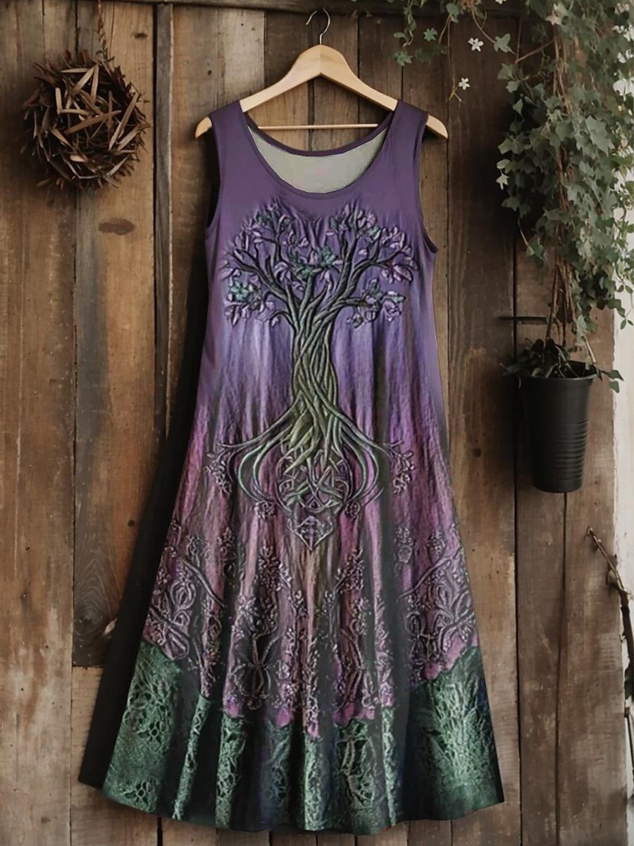 Vestido midi vintage viking com nó celta gradiente feminino, vestido de verão, linha A, casual, boho, festa de casamento, praia, corte regular, floral, gráfico, folha, sem mangas, gola em U de 2025 por $21.99 –P2