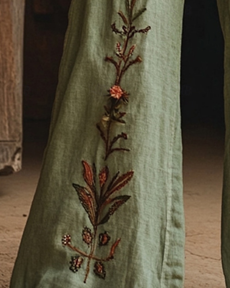 Dam Brett skaft Byxor Palazzo byxor Mode Boho Fullängd Hög midja Blomma Elastisk midja Snörning Mönster Mateial som andas Bekväm Gata Dagliga kläder Utekväll Grön Vår Höst Normal 2025 - $20.99 –P3