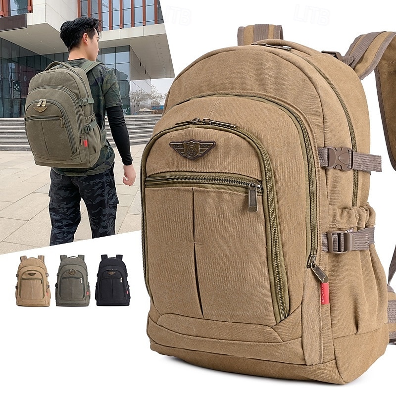 Herrryggsäck i vintage-canvas för resor och skola – stor ryggsäck i militärstil med flera fickor för utomhusbruk, vandring eller dagligt bruk 2025 - $29.99 –P3