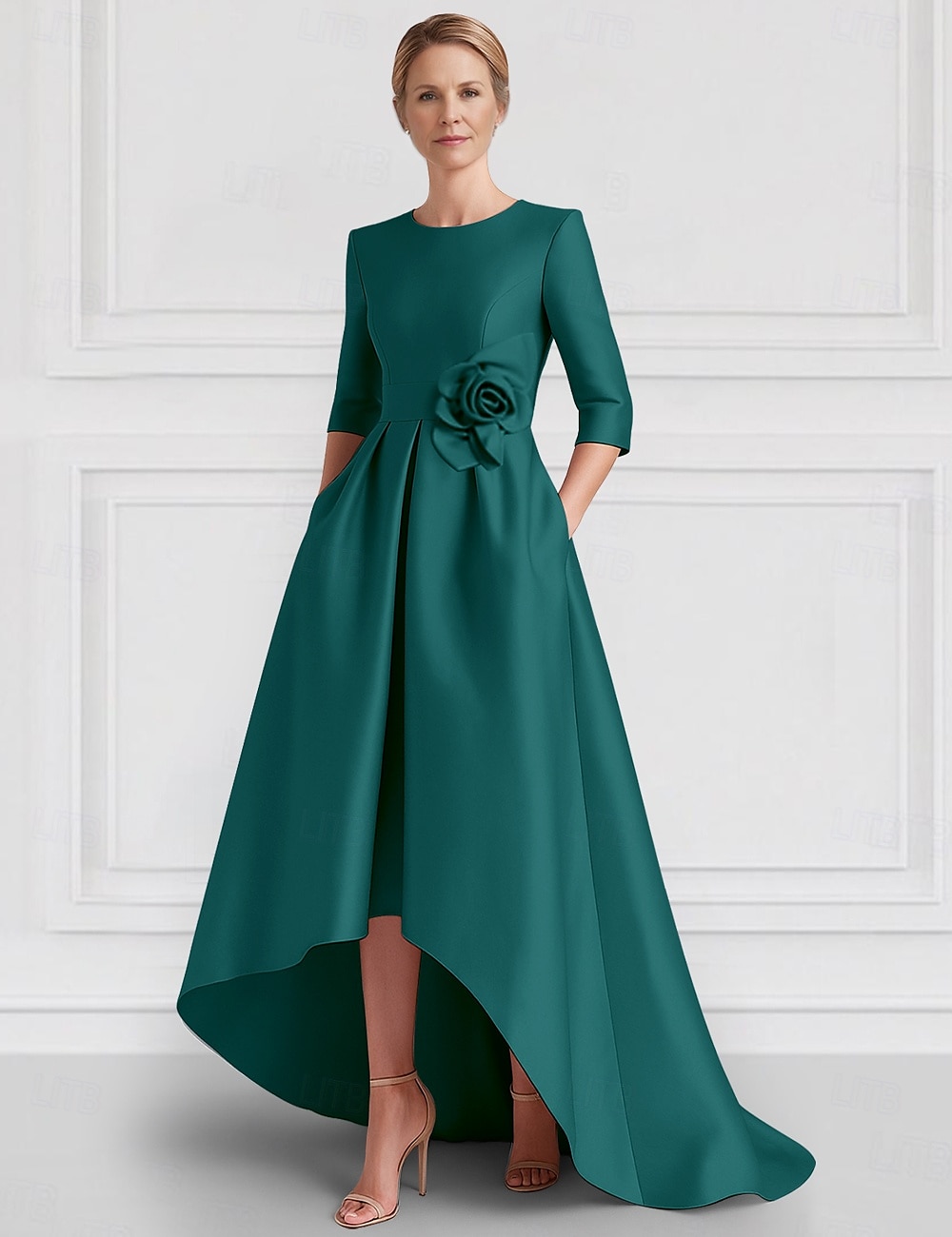 A-Linie Abendkleid Elegantes Kleid Formal Hochzeit Asymmetrisch Halber Ärmel Crew-Ausschnitt Mutter der Braut Kleid Stretch Satin mit Tasche 2025 - $142.99 –P1