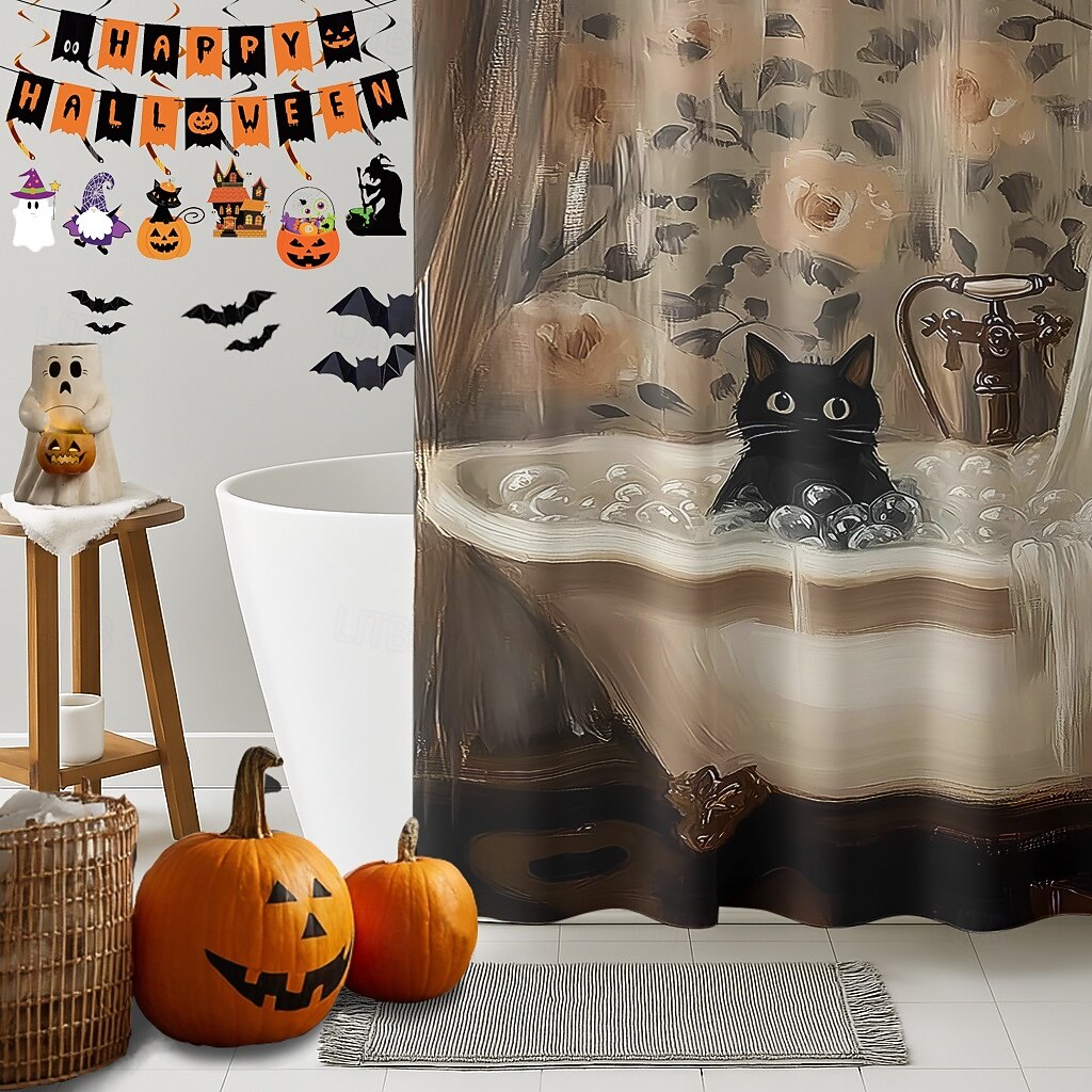 Halloweenský sprchový závěs s háčky, polyesterový, pratelný, voděodolný, vzorovaný, koupelnová vana, dekorace 2025 - $21.99 –P11