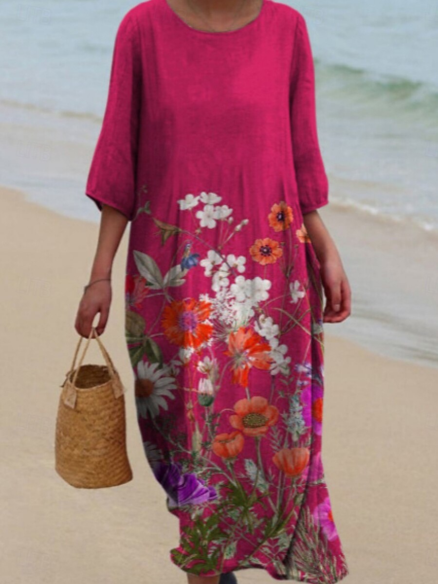Damen Midikleid Freizeitkleid Druckkleid Mode Modern Täglich Strand Wochenende Normale Passform Blumen Dreiviertelarm Rundhalsausschnitt Weiß Fuchsie Khaki Aprikose Sommer Frühling Herbst 2025 - $31.99 –P4