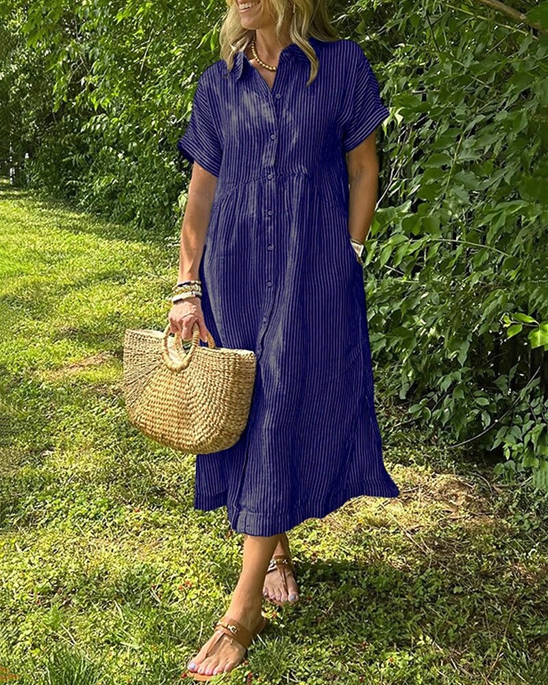 Femmes Robe Longue Maxi Robe Robe Chemise Robe Décontractée Mode Extérieur Soirée Fête Coupe régulière Rayé Manche Courte Col de chemise Noir Blanche Jaune Rose Claire Été de 2025 ? $38.99 –P11