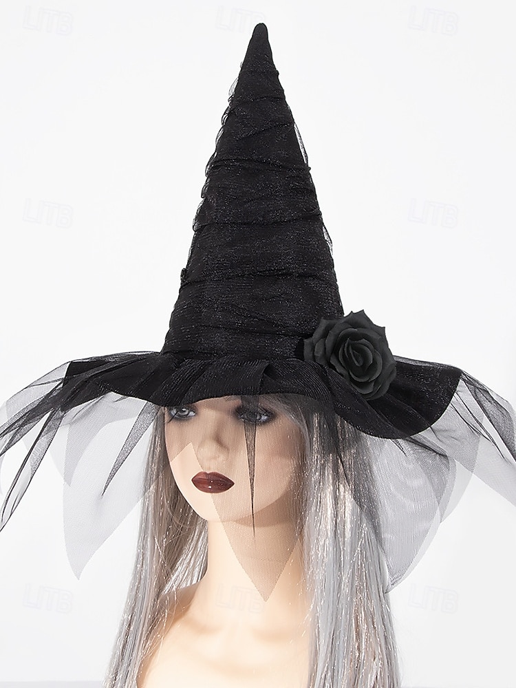 cappello da strega di Halloween da donna con velo a rete e rosa – cappello gotico a punta per feste in maschera, cosplay ed eventi a tema del 2025 a $14.99 –P5