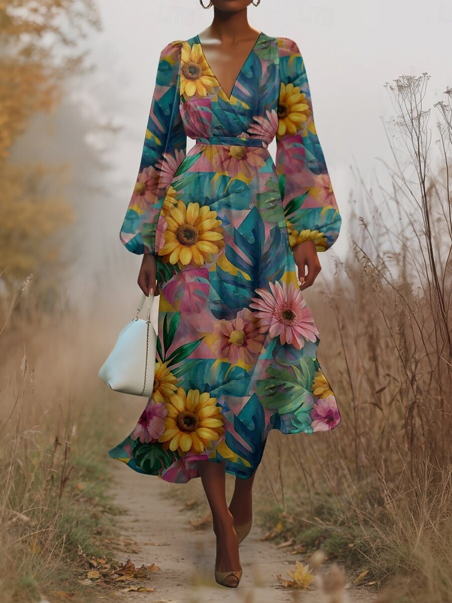 Women's Midi Dress Casual Dress Chiffon Swing Dress Modern Vacation Daily Weekend Regular Fit Floral Plaid Long Sleeve V Neck Yellow Blue Purple Orange Summer Spring Fall Autumn 2025 - $31.99 –P9