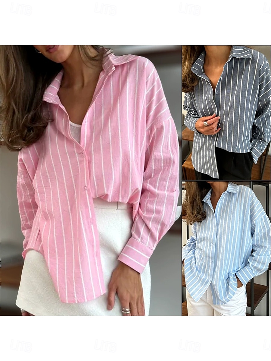 Dameshemd Button Down Blouse Grafisch Geometrisch Gestreept Vintage Tropisch Dagelijks Lange Mouw Shirt Button Down Blouse Kraag Reguliere Tops Werk Dagelijks Vakantie Knopen Print Roze Luchten Blauw 2025 - $25.99 –P1