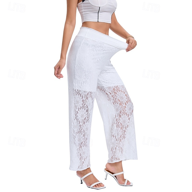 Femmes Jambe large Slacks Streetwear Occasionnel Longueur complète Naturel Uni Dentelle Patchwork Taille Élastique Confortable Fête Sortir Vert translucide Noir Blanche Bleu de minuit Automne Coupe de 2025 ? $16.99 –P14