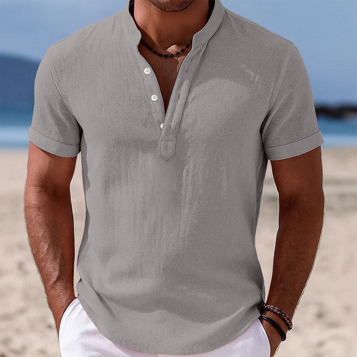 Herren Hemd Leinenhemd Stehkragenhemd Popover-Hemd Sommerhemd Strandbekleidung Einfach Urlaub Lässig Schwarz Weiß Gelb Rosa Kurzarm Stehkragen Sommer Bekleidung 2025 - $20.99 –P10