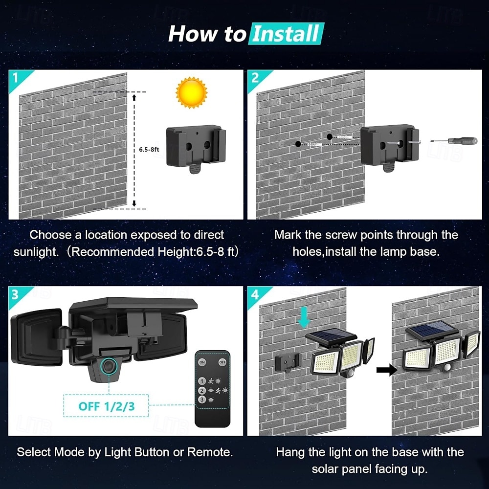 Zonne-buitenverlichting 2500lm 210 led-beveiligingsverlichting met afstandsbediening 3-kops bewegingssensorlampen IP65 waterdicht 270 groothoek wandlampen met 3 standen voor garage, tuin, veranda 2025 - $35.99 –P5