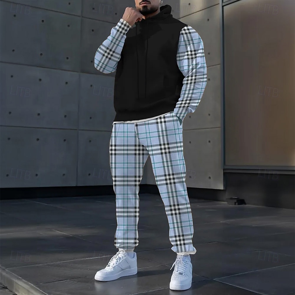 Herr Färgblock 2st 3D-tröja set Träningsoverall Hoodie-tröja Långärmad Långa byxor Huva Ledigt vardag Fritids- 3D-utskrift Vår Höst Vinter Svart Rosa Blå 2025 - $39.99 –P7