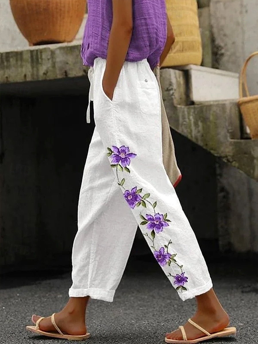 Damen Chinos Urlaub Vintage Lässig Knöchellang Hohe Taille Blumen Grafik Tasche Weich Außenbereich Atmungsaktiv Unelastisch Outdoor Urlaub Straße Weiss - Grün Lila Sommer Frühling Herbst Normale 2025 - $32.99 –P4