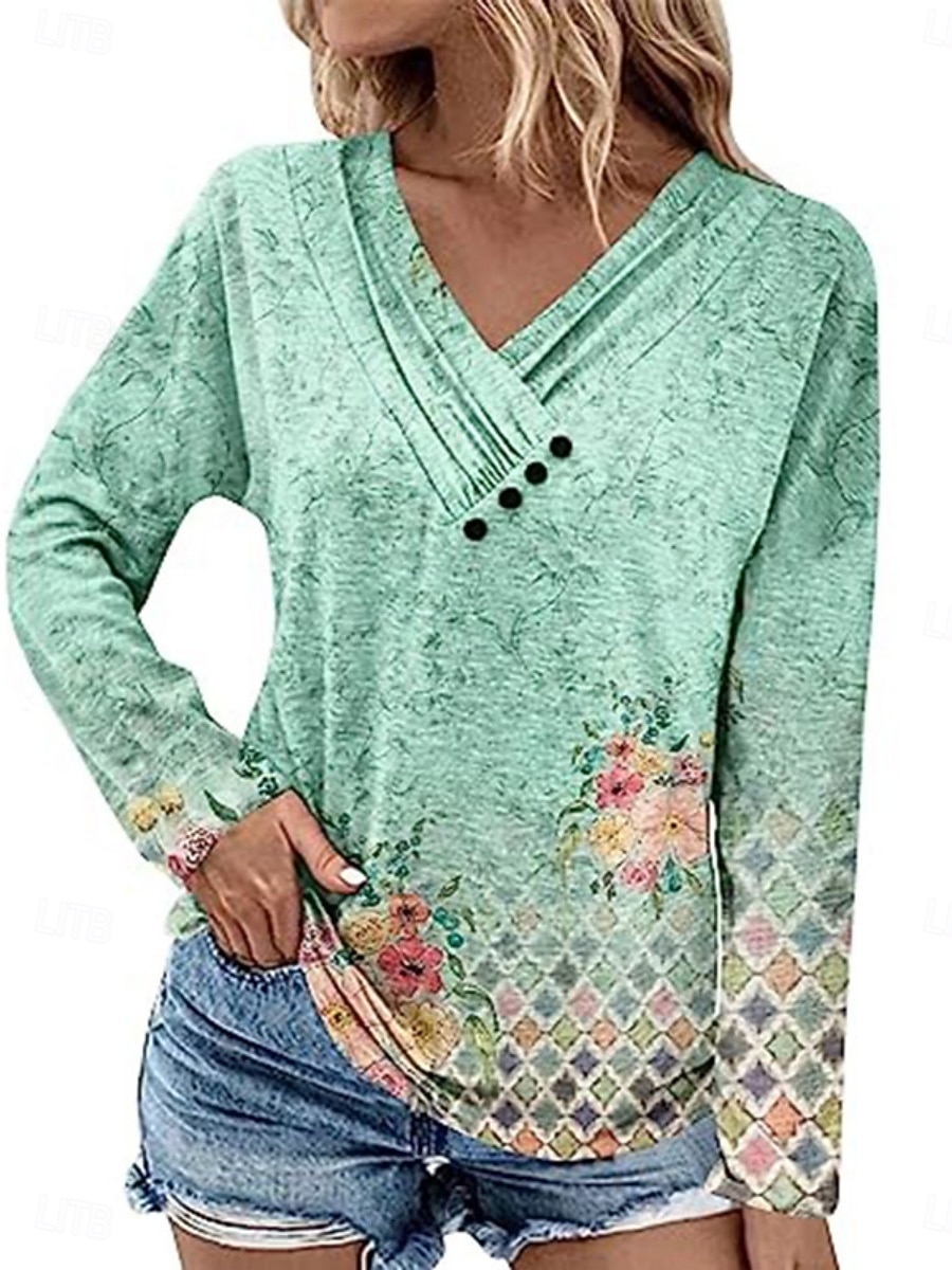 Women's Blouse Buttons Print Floral Stylish Modern Long Sleeve V Neck Regular Tops Daily Holiday Light Green Royal Blue Gray Light Blue Summer Spring Fall 2026 - $23.99 –P3