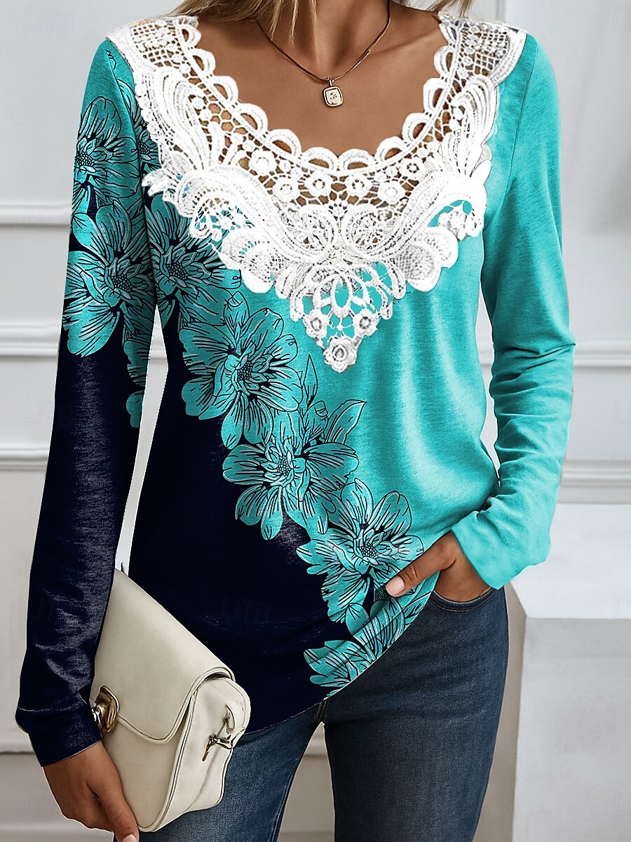 Ostern Damen Bluse Blumen Grafik Pflanzen Elegant Mode Langarm V Ausschnitt Rundhals Normale Oberteile Täglich Ausgehen Wochenende Spitze Patchwork Druck Weiß Gelb Rosa Blau Sommer Frühling Herbst 2025 - $24.99 –P4