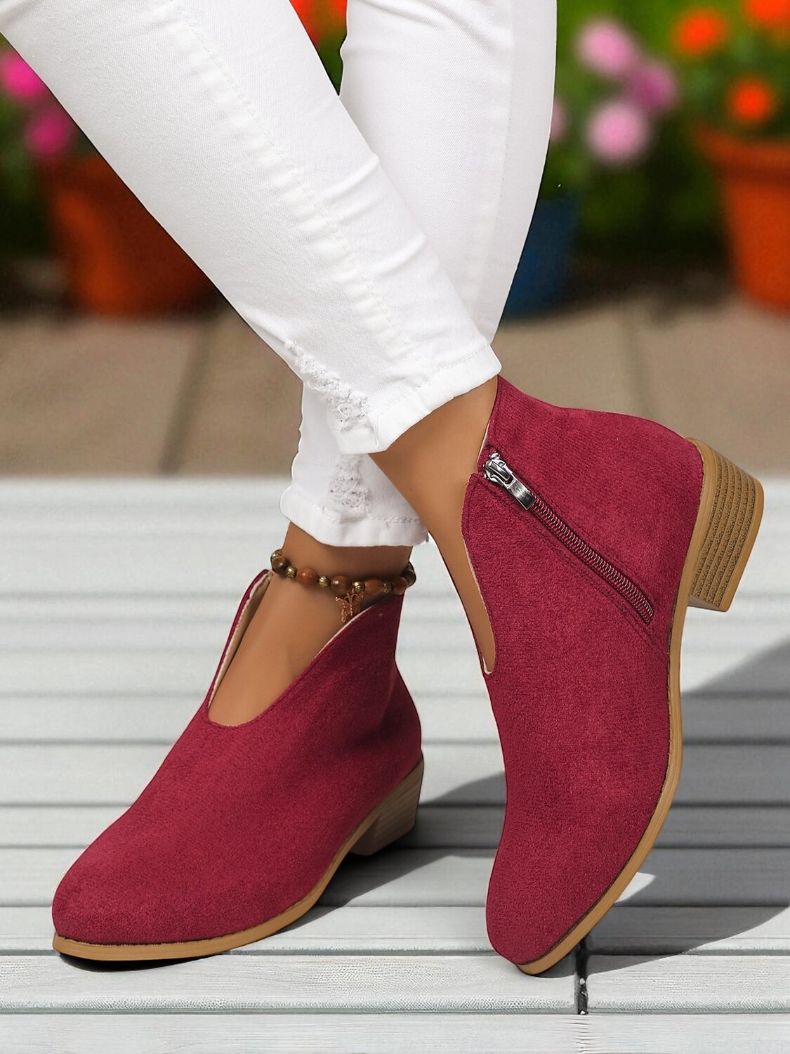 Bottines en similicuir rouge pour femme avec fermeture éclair latérale – style décontracté et élégant pour les garden-parties, les promenades au parc et au quotidien de 2025 ? $26.99 –P4