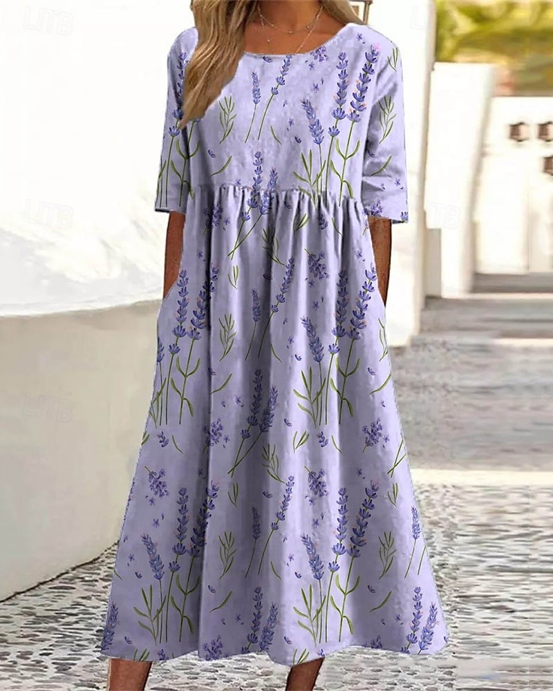 Women's Midi Dress Casual Dress Summer Dress Fashion Modern Daily Beach Weekend Regular Fit Flower Half Sleeve Crew Neck Black Purple Green Spring Fall 2026 - $29.99 –P3