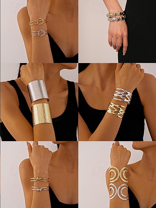 Dámská párty sada náramků - stylové pozlacené a postříbřené manžetové a řetízkové náramky, módní šperk pro ženy, ideální na koktejlové a večerní večírky 2026 - $11.99 –P3