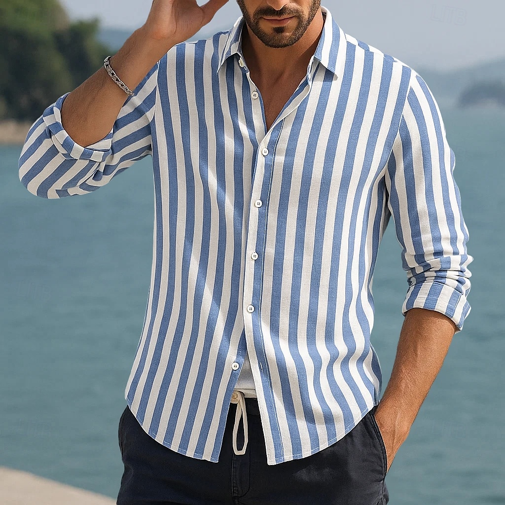 Voor heren Overhemd Linnen overhemd Zomer overhemd Strand Kleding Overhemd met knopen Verticale stroken Vakantie Curise Zwart Blozend Roze Rood blauw Lange mouw Strijkijzer Zomer Lente Kleding 2025 - $20.99 –P1