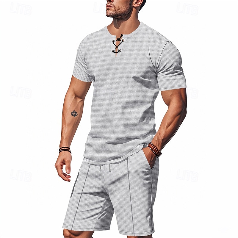 Per uomo Camicia a nido d'ape Completi T-shirt Outfit 2 pezzi Maglietta e pantaloncini Manica Corta Scollo a V Estate Semplice Moda Casual Allacciato 2 Pezzi Vacanza Abbigliamento quotidiano Uscire del 2025 a $28.99 –P19