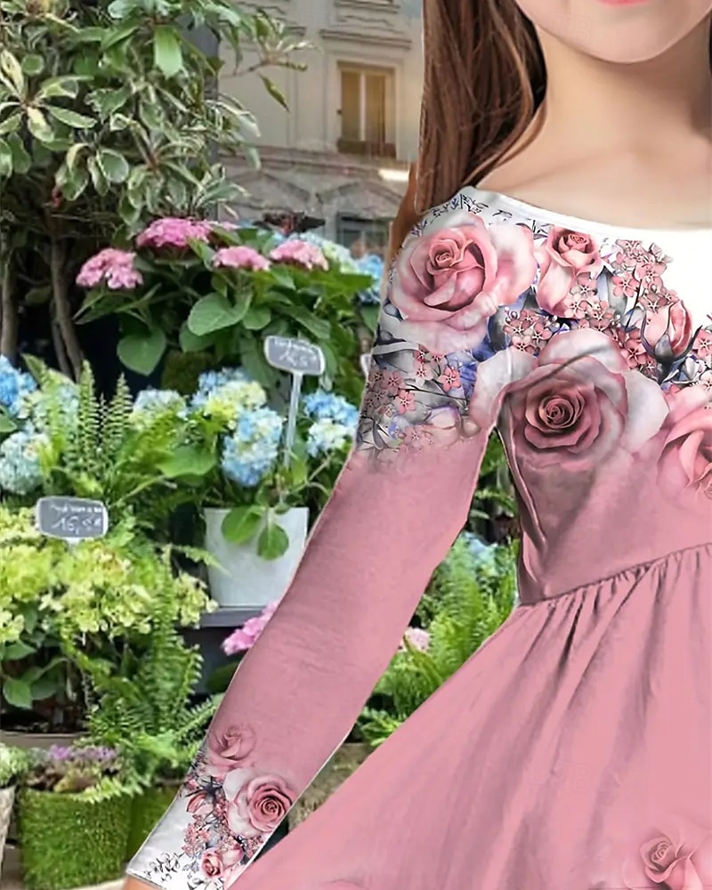 Girls' 3D Floral Rose Dress Long Sleeve Summer Spring Vacation Daily Holiday Princess Beautiful Sweet Kids 4-12 Years Casual Dress A Line Dress Knee-length Regular Fit 2025 - $16.99 –P3
