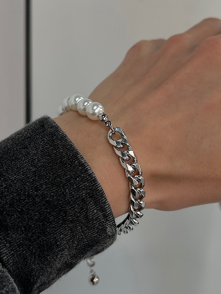 męski zestaw biżuterii z pereł i łańcuszków – modny naszyjnik i bransoletka z pół perły, pół metalu na styl uliczny, hip-hopowy i imprezowy 2026 - $9.99 –P3