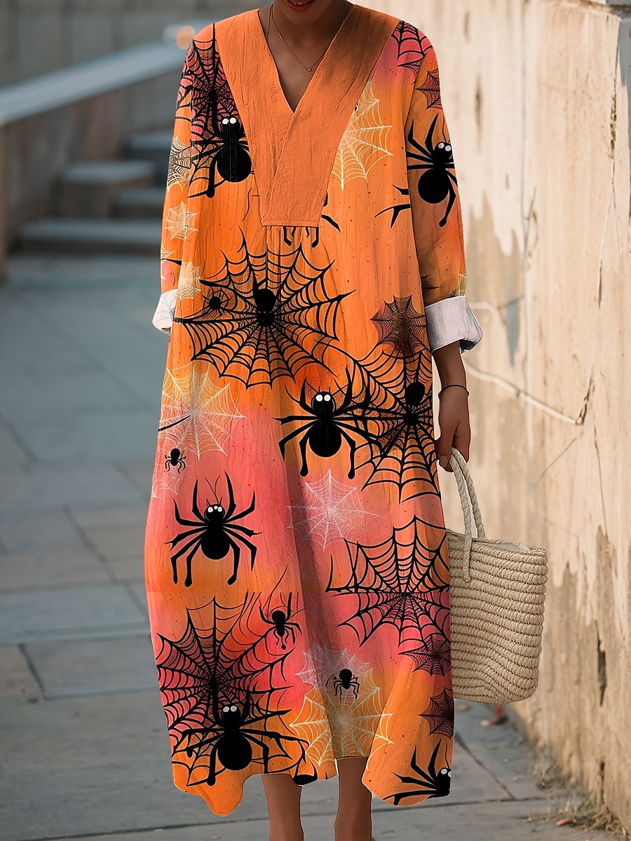 Robe midi femme Halloween V en col Longue Manche Kaftan Légère Coupe Ample Robe Décontractée Robe Shift Décontractée Coupe Ample Graphique Longue Manche V en col Noir Jaune Rose Orange Automne de 2025 ? $33.99 –P2