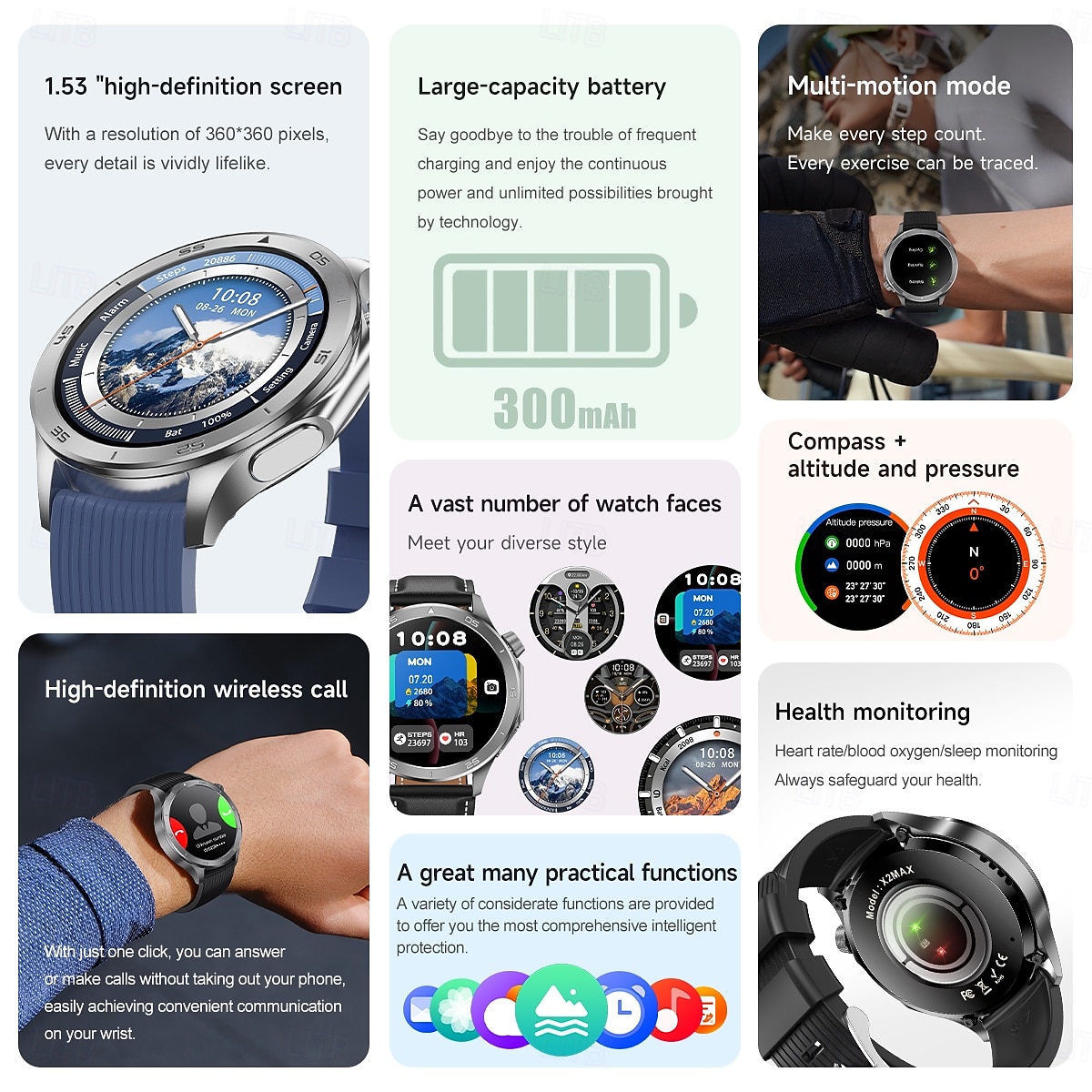 X2 Max Smart Watch 1.53 inch AMOLED HD Screen Bluetooth Call Compass Heart Rate  Fitness Tracker IP68 Waterproof SmartWatch 2025 - $44.99 –P2