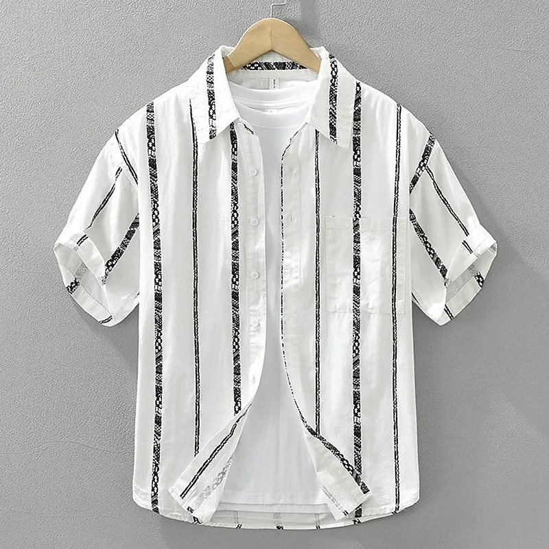 Per uomo Camicia di lino Camicia Estiva Abbigliamento da spiaggia Camicia con Bottoni A righe Vacanza Casuale Nero Bianco Manica Corta Collo ripiegato Estate Primavera Abbigliamento del 2026 a $24.99 –P5
