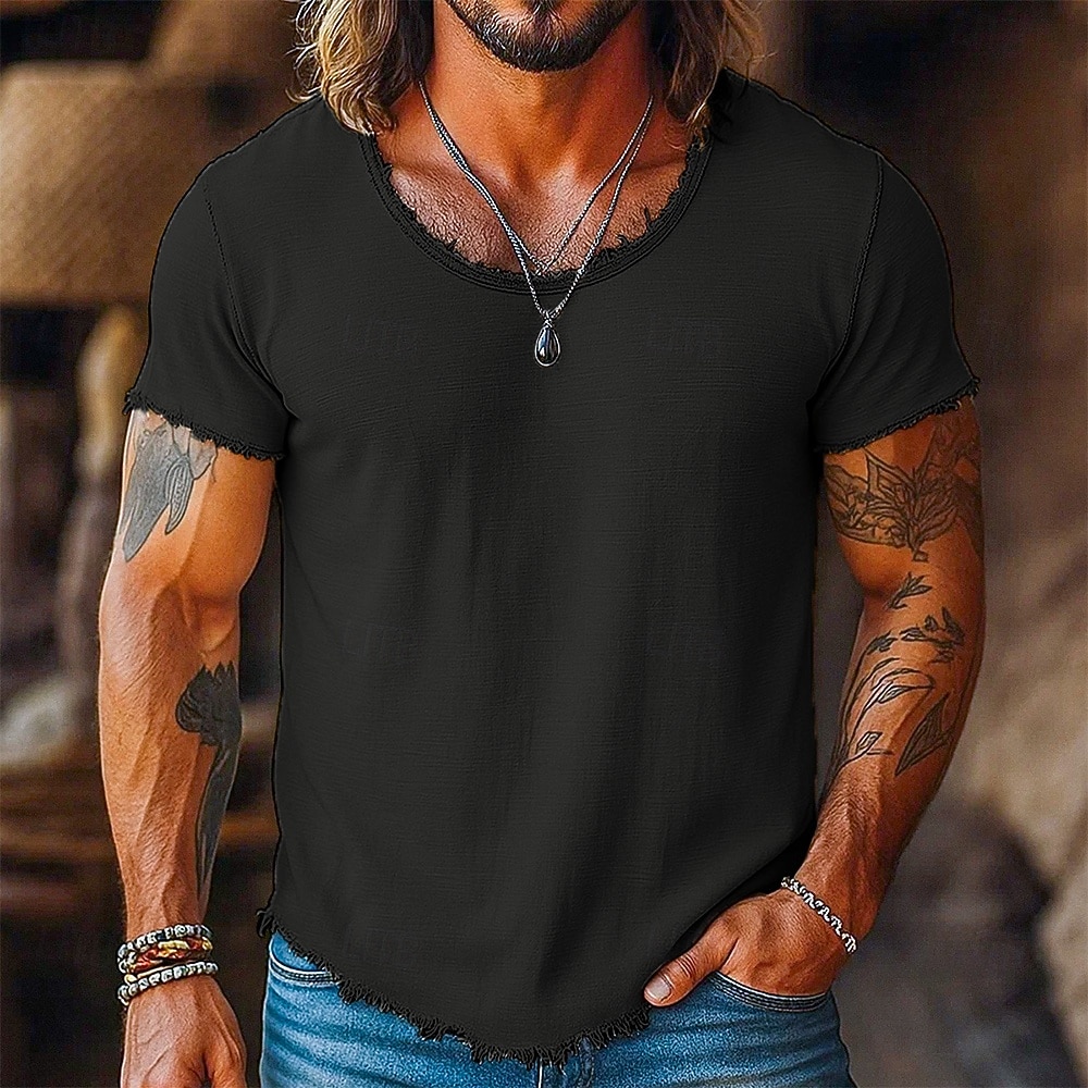 Homens T-shirt Camiseta de linho Manga Curta Gola Redonda Verão Tecido Moda Designer Básico Macia Borda Crua Férias Rua Casual Branco Preto Rosa Top Tee para Homens de 2026 por $21.99 –P9