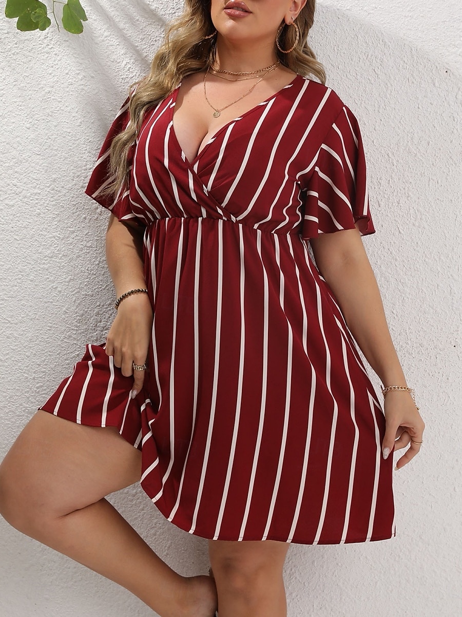 Femmes Grande taille Robe Décontractée Rayé Col en V Manche Courte Été Printemps Mode Moderne Occasionnel Mini robe Quotidien Fête Robe de 2025 ? $18.99 –P12