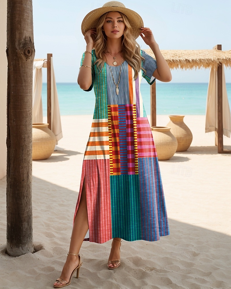 Women's Maxi Dress T Shirt Dress Tee Dress Sundress Shift Dress Vacation Casual Beach Party Beach Regular Fit Geometric Stripe Short Sleeve Crewneck Yellow Pink Red Blue Summer Spring 2025 - $28.99 –P1