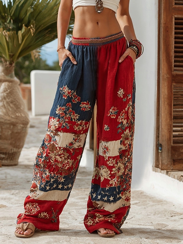 Femmes Culottes Jambe Large Vacances ancien Style Ethnique Longueur complète Taille haute Fleuri Graphique Séchage Rapide Respirabilité Doux Non Elastique Formel Extérieur Vacances Rose Couleur Rubis de 2025 ? $24.99 –P1