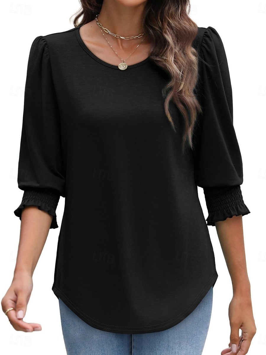 Femmes Chemisier Couleur Unie Élégant Occasionnel Manche 3/4 Col ras du cou Hauts Réguliers Quotidien Noir Blanche Rouge Bleu Été Printemps Automne de 2025 ? $19.99 –P7