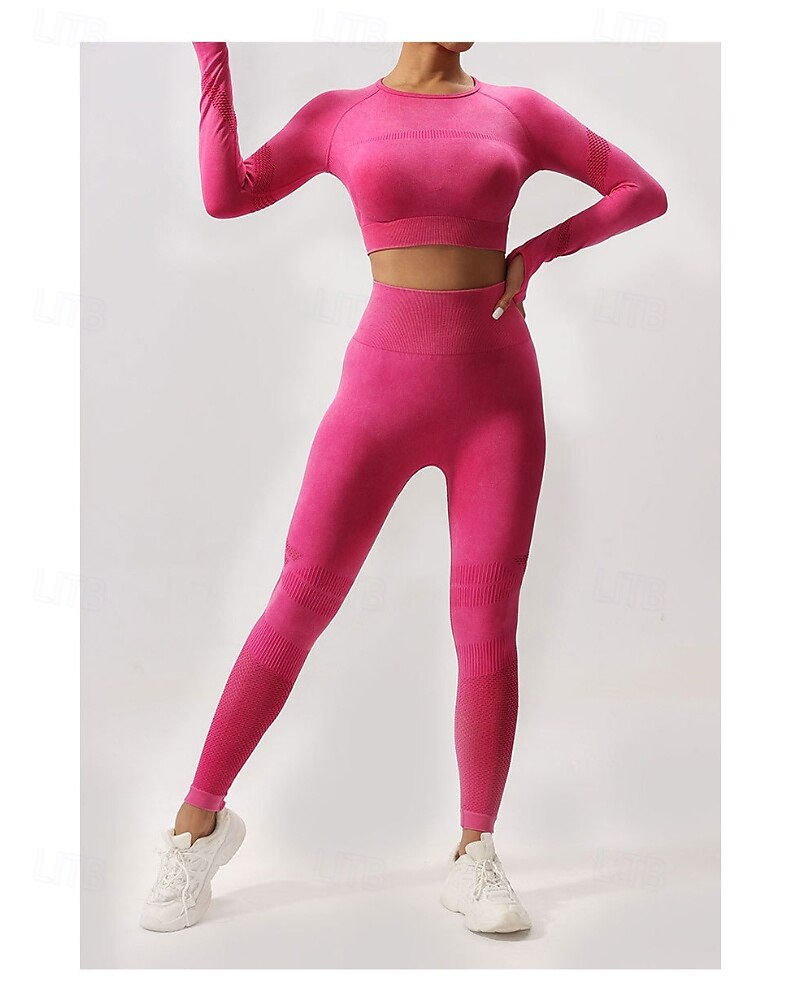 Damen 2 Stück Yoga-Trainingsanzug Lounge-Outfits  Herbst Einfarbig Kombination Armeegrün Schwarz Fitnesstraining Hohe Taille Elastisch Atmungsaktiv Langarm Sport Sportkleidung Schlank 2025 - $37.99 –P4