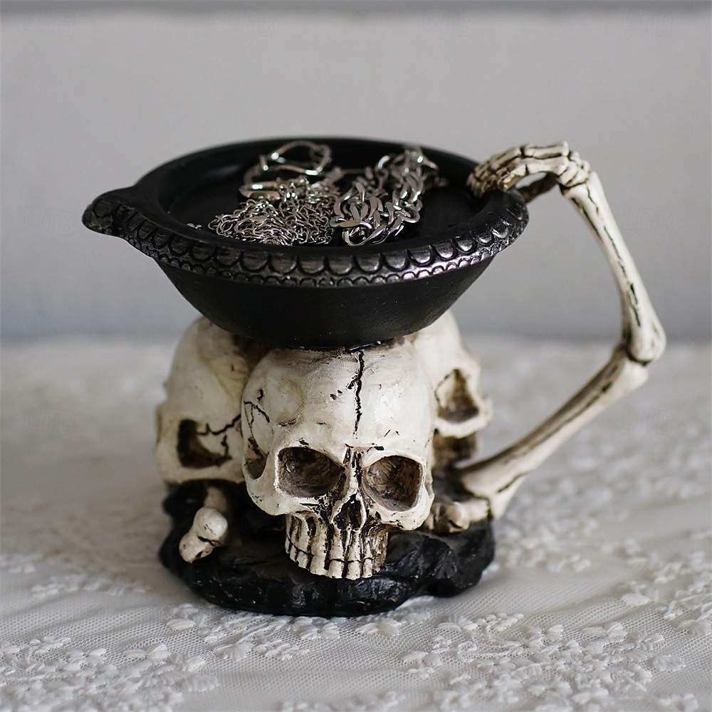 Halloween Skull Ornament Three Skeleton Head Candle Holder with Tray Desktop Entryway Decoration Halloween Themed Prop Gothic Style Storage Display Accent Piece 2025 - $24.99 –P2
