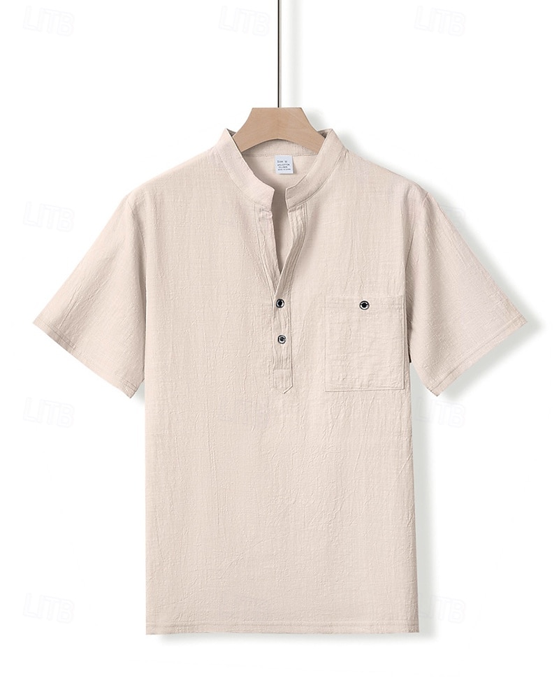 Homme Chemise Chemise en lin Chemise popover Chemise Décontractée Chemise en coton Uni Vacances Rue Blanche Jaune Rose dragée Abricot Manche Courte Band Collar Été Vêtement Tenue Avec Poches de 2025 ? $19.99 –P6