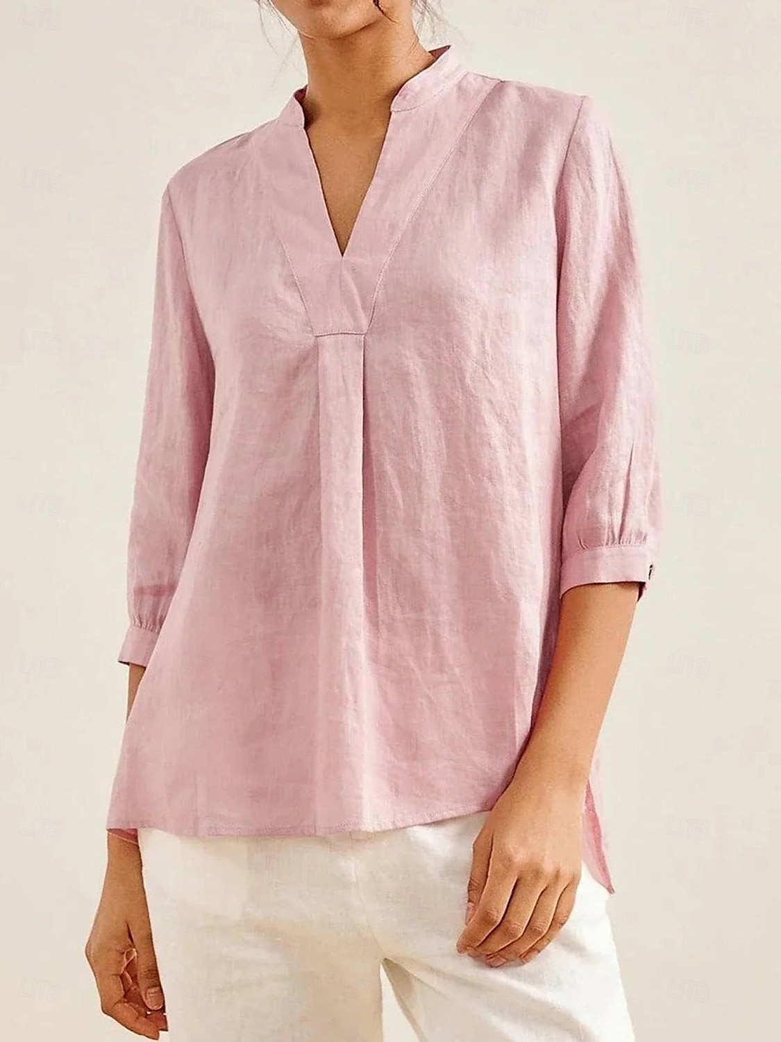 Dame Bluse Helfarge Elegant Fritid Langermet V-hals Vanlige topper Daglig Ferie Knapper Hvit Rosa Blå Kakifarget Vår Høst 2025 - $26.99 –P3
