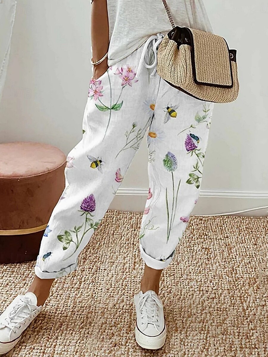 Dames Chinese Broeken Actief Casual / Dagelijks Lang Hoge taille Bloemig Zak Opdrukken Elastisch ontwerp met trekkoord Ademend Zacht Micro-elastisch Vakantie Straat Alledaagse kleding Wit Lente Herfst 2025 - $25.99 –P3