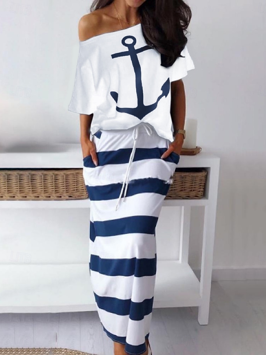 Pentru femei Set de rochii Rochii Tricou Casual Dunga Cordon Imprimeu Rochie Maxi Manșon scurt De Pe Umăr În aer liber Zilnic Alb Albastru piscină Vară Primăvară Fit regulat 2025 - $23.99 –P2
