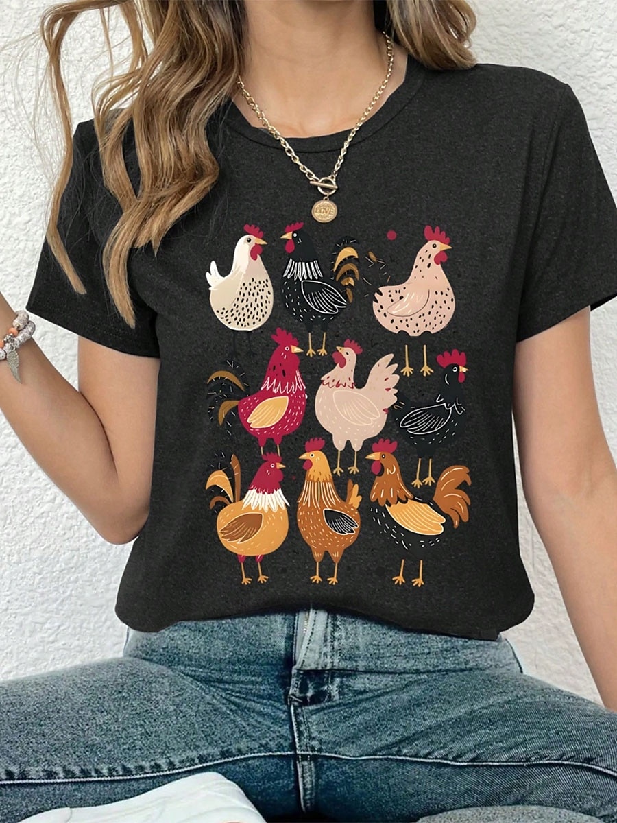 2026年 女性用 Tシャツ プリント グラフィック 動物 おんどり ヴィンテージ スタイリッシュ クラシック 半袖 ラウンドネック レギュラートップス 日常 ブラック ルビーレッド グリーン 夏  コレクション – $22.99 –P3