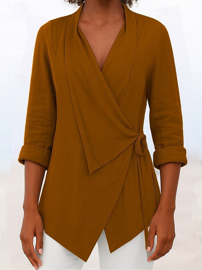 Women's Blouse Solid Color Elegant Stylish Basic Long Sleeve V Neck Regular Tops Daily Holiday Tie Front Black Pink Blue Brown Gray Summer Fall 2025 - $28.99 –P4