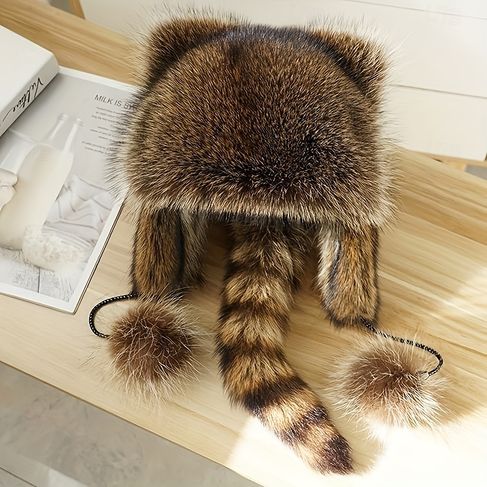 Bonnet en peluche marron de Noël avec queue de raton laveur pour adultes, doté d'un design classique avec des cache-oreilles et une queue, parfait pour les activités de plein air hivernales de 2025 ? $17.49 –P7