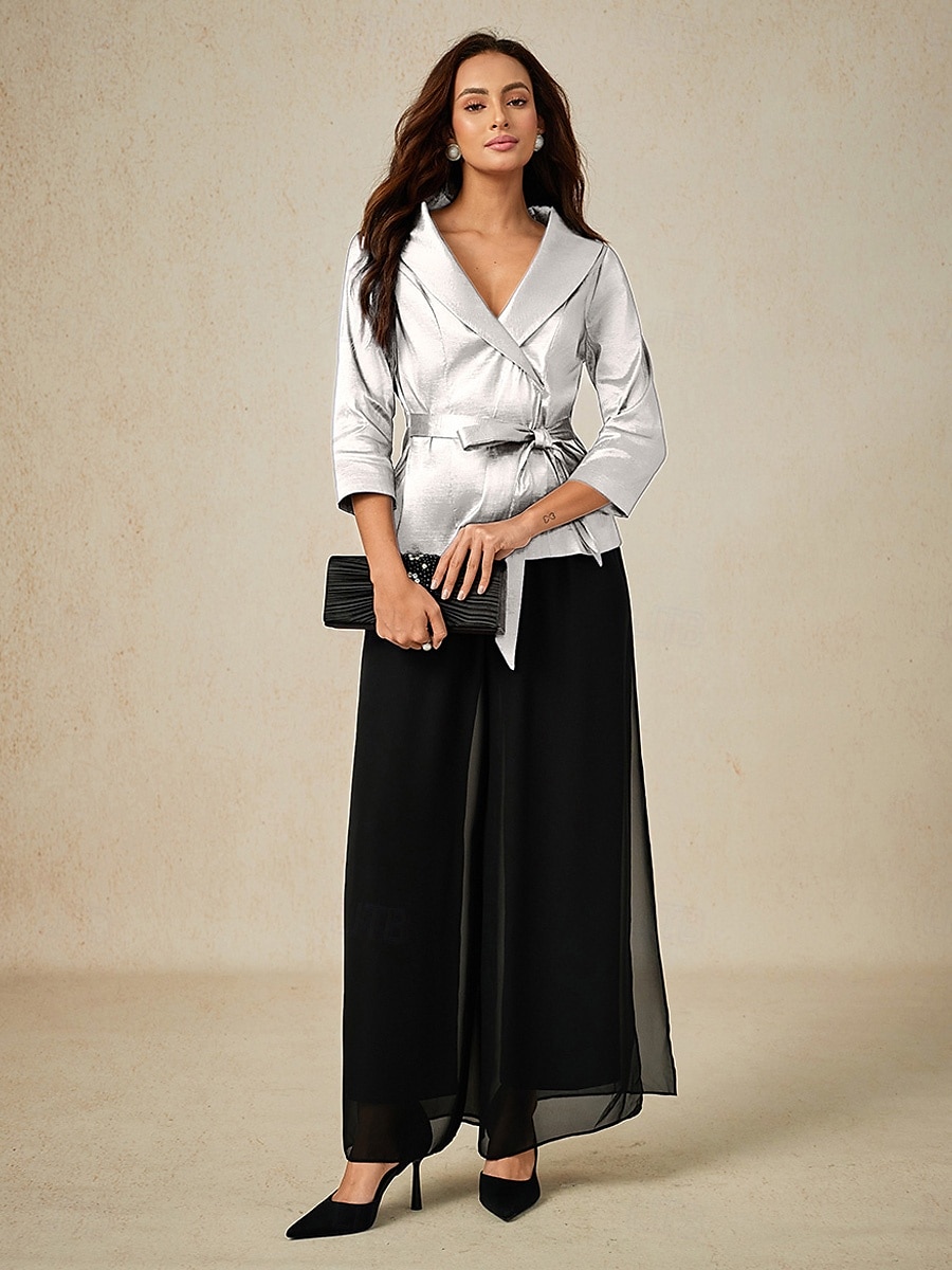 Dam Blus Kvällstoppar Elegant Metallisk Stylish 3/4 ärm V-hals Vanliga toppar Bröllopsgäst Kvällsfest Semiformell knyt fram Vit Vår, Höst, Vinter, Sommar 2025 - $79.99 –P4