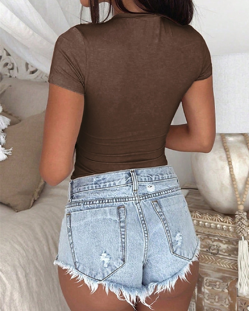 Damen T Shirt Einfach Mode Modern Kurzarm Rundhalsausschnitt Normale Oberteile Täglich Schwarz Leicht Braun Grau Sommer 2025 - $16.99 –P10