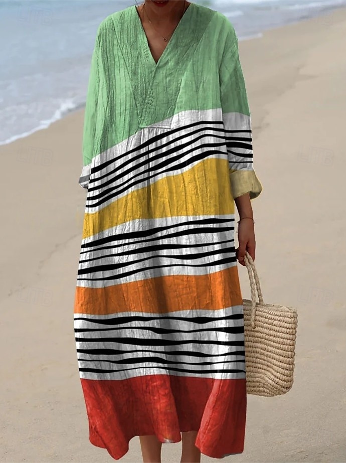 Dame Midikjole Solkjole Kjole med A-linje Ferie Fritid Bohem Ut på byen Strand Grafisk Geometrisk Stripe Langermet V-hals Aske Svart Gul Blå Sommer Vår Høst 2025 - $16.49 –P6