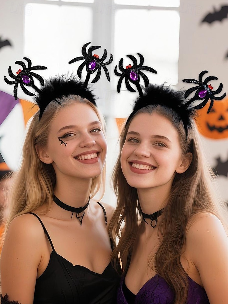 2025年 レディースハロウィンスパイダーヘッドバンド - かわいいグリッターブラックスパイダーデザインと紫の宝石、コスチュームパーティー、コスプレ、お祝いのお祝いに最適な柔らかい伸縮性のあるヘアアクセサリー  コレクション – $7.99 –P5