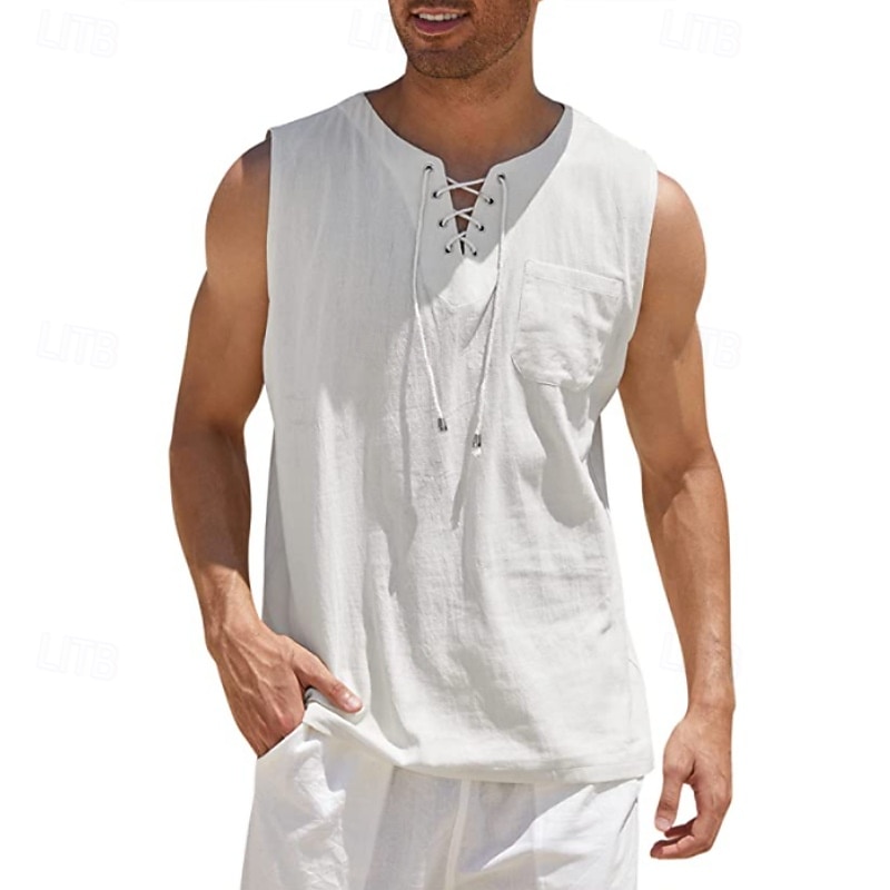 Per uomo Camicia Camicia di lino Camicia popover Camicia Estiva Abbigliamento da spiaggia Maglietta senza maniche Tinta unica Vacanza Streetwear Nero Bianco Blu marino Azzurro cielo Senza Maniche del 2025 a $19.99 –P4