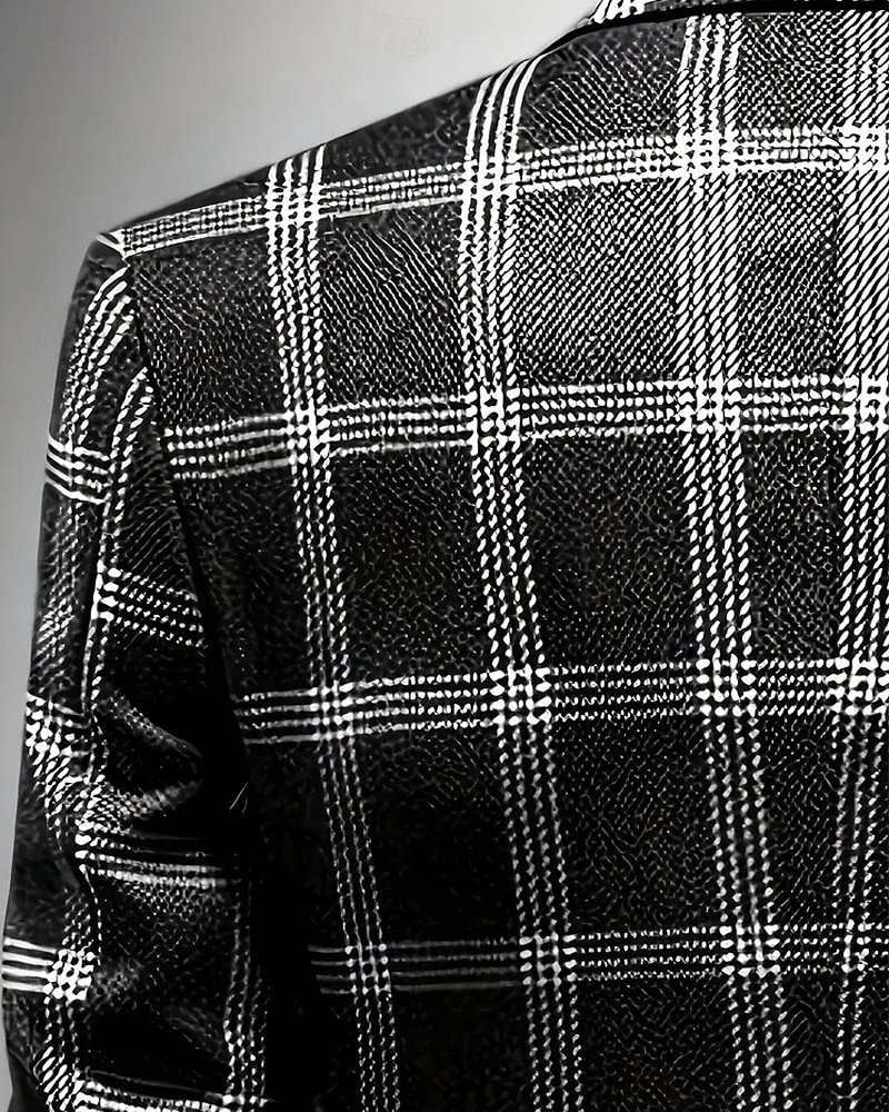 Herren Blazer Geschäft Cocktailparty Hochzeitsfeier Mode Lässig Frühling Herbst Polyester Karomuster Tasche Knöpfe Bequem Einreihig Blazer Schwarz Blau Braun 2025 - $58.99 –P8