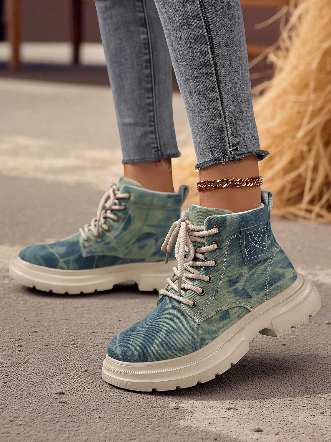 Women's Tie-Dye Canvas Work Boots with Chunky Sole – Casual Lace-Up Outdoor Boots for Harvest Festival, Farm Work and Fall Outings 2025 - $42.99 –P3