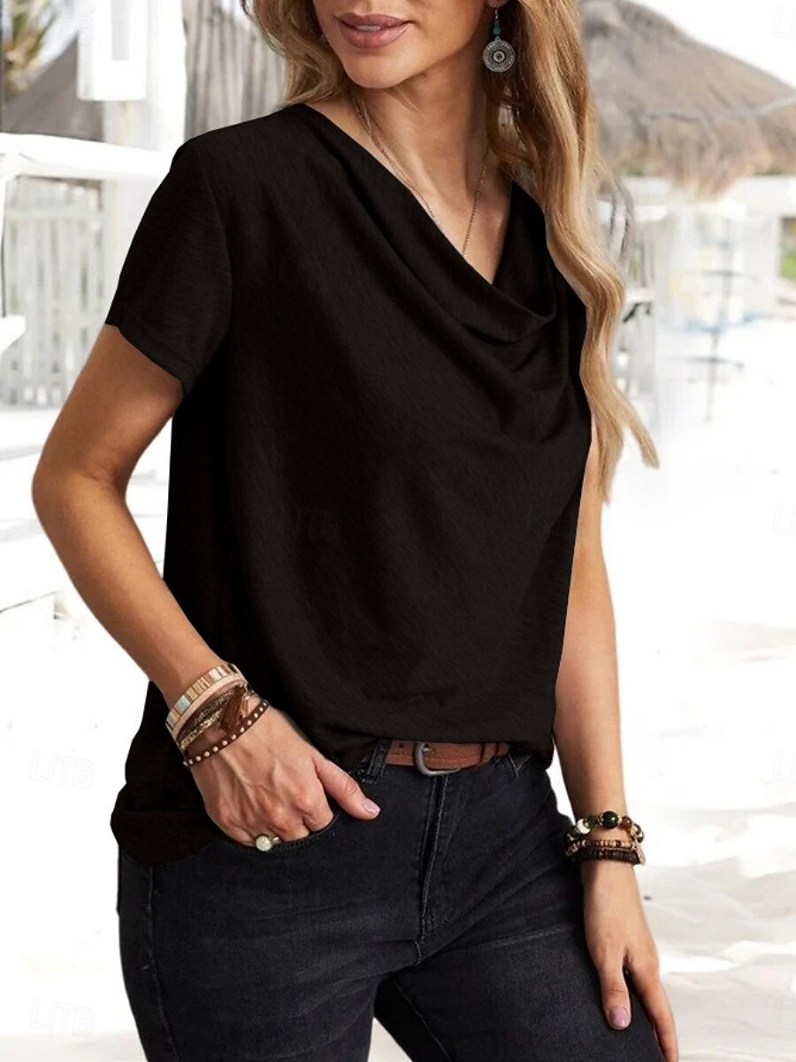 Dame T skjorte عادي Klassisk Moderne Fritid Kortermet Cowl-hals Vanlige topper Daglig Helg Svart Rosa Blå Grønn Grå Sommer Vår 2025 - $16.99 –P11