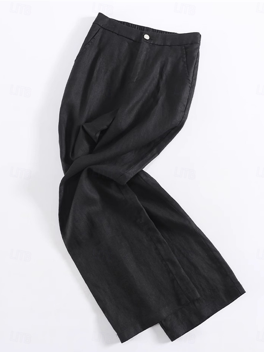 Dámské chino kalhoty s širokými nohavicemi z bavlny a lnu, etnický styl, základní, ležérní, plná délka, střední pas, bez kapes, pohodlné, outdoor, neelastické, ležérní, denní, černá, bílá, zelená, khaki, léto, jaro, regular fit 2025 - $29.99 –P7